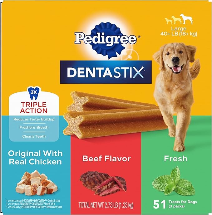 Pedigree Dentastix Large Breed Dog Treats, Original, Beef & Fresh Flavor, 2.73 lb. Variety Pack (51 